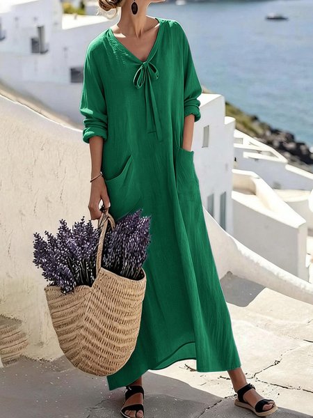 Women Plain Spring/Fall Lace-up Dress V Neck Long Sleeve A-Line Dress