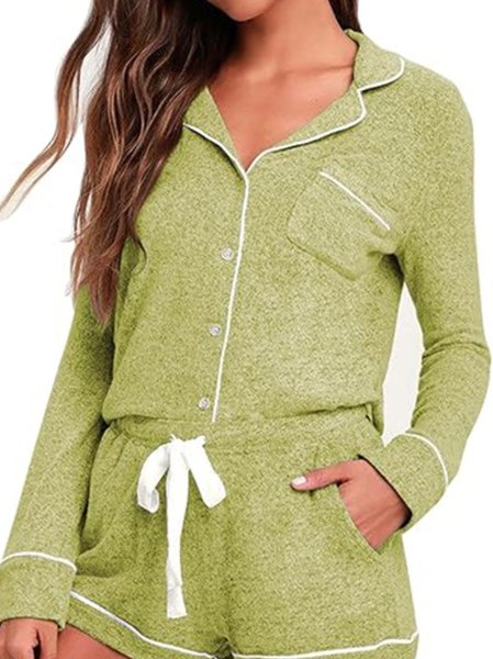 

Plain Contrast Piping Shawl Collar Short Sleeve Shirt With Pants Casual Pajama Set, Army green, Pajamas
