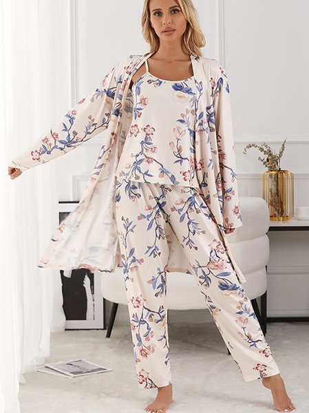 

Floral Print 3pcs Long Sleeve Sleeping Robe Halter-style Nightgown With Pants V Neck Simple Casual Pajama Set, Apricot, Pajamas