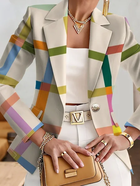 

Urban Printing Plaid Lapel Collar Blazer, As picture, Blazers