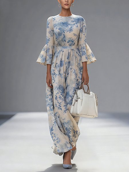 

Urban Floral Bell Sleeve Printing Maxi Dress, Blue, Maxi Dresses