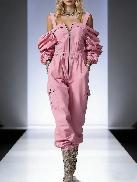 

Casual Off Shoulder Sleeve Pockets Plain Zipper Jumpsuit, Pink, Jumpsuits