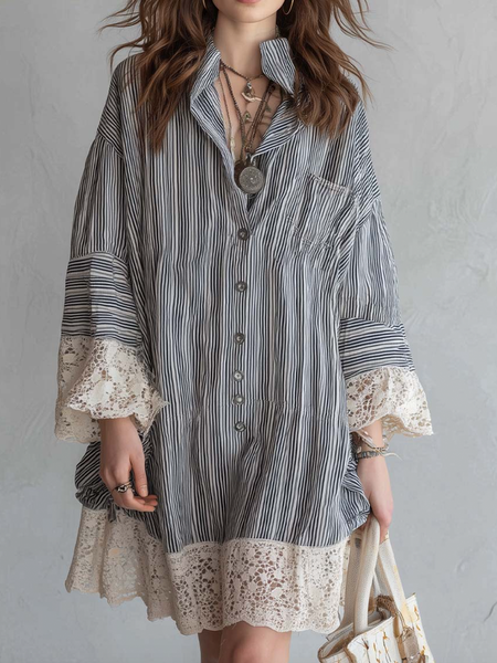 

Casual Color Block Shirt Collar Mini Dress, Stripe, Mini Dresses