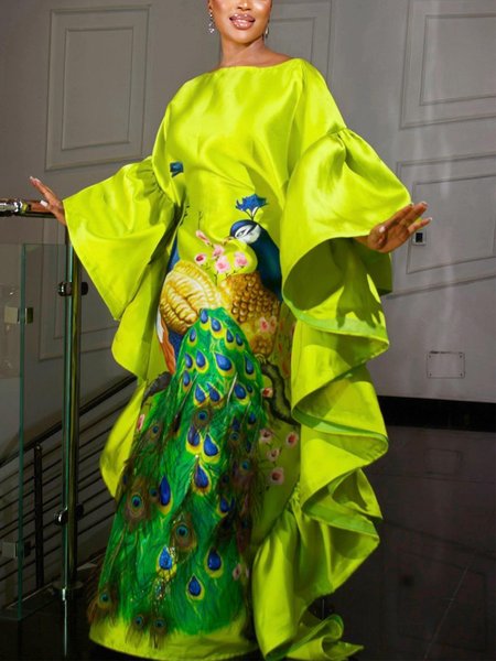

Elegant Peacock Printing Boat Neck Party Maxi Dress, Green, Cocktail Dresses