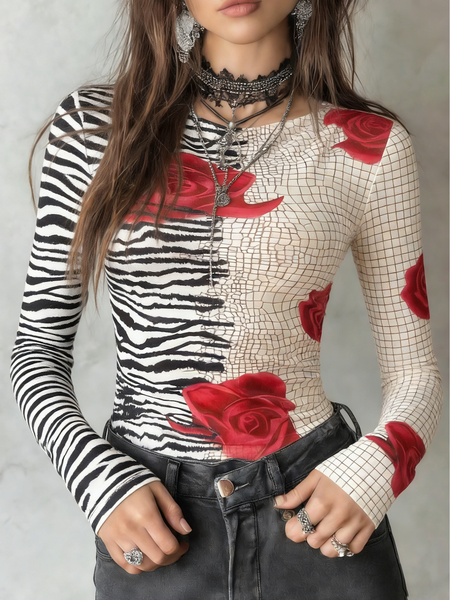 

Casual Leopard Crew Neck T-shirt, As picture, Tees