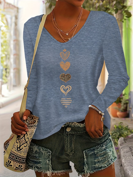 

Casual Heart/Cordate V Neck Long Sleeve T-shirt, Blue, T-shirts