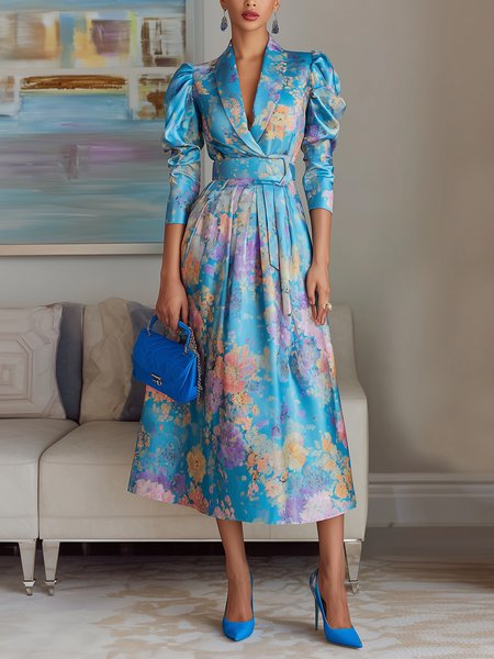 

Elegant Floral Puff Sleeve Printing Shawl Collar Midi Dress With Belt, Blue, Cocktail Dresses