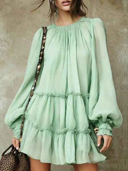 

Vacation Plain Balloon Sleeve Tiered Peplum Mini Dress, Green, Mini Dresses
