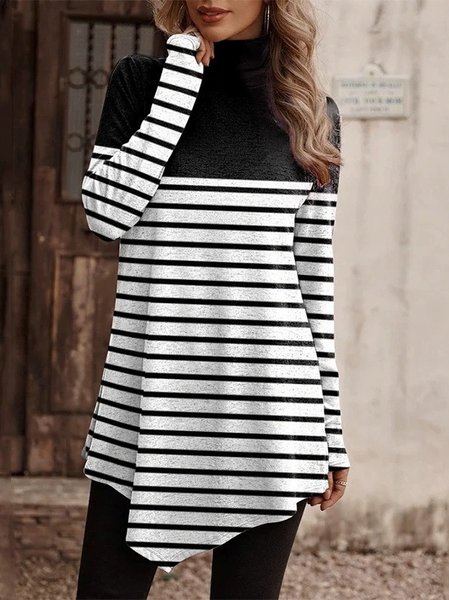 

Women Striped Long Sleeve Tee T-shirt Mock Neck Printing Vintage Spring/Fall Top, Black, T-Shirts