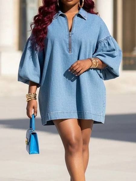 

Urban Plain Shirt Collar Mini Denim Dress, Denim blue, Mini Dresses