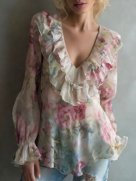 

Vacation Floral Printing V Neck Lace Edge Blouse, As picture, Blouses and Shirts