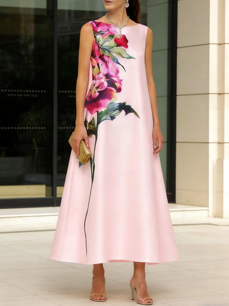 

Elegant Floral Printing Crew Neck Maxi Dress, Pink, Cocktail Dresses