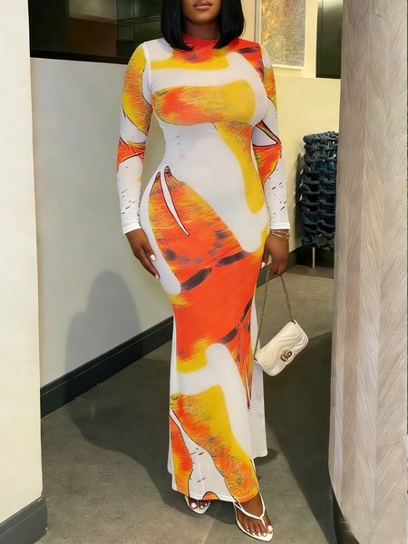 

Urban Abstract Printing Crew Neck Maxi Dress, Orange, Maxi Dresses