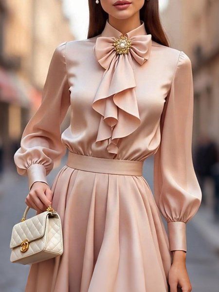 Satin Elegant Plain Peplum Shirt Collar Shirt With Brooch