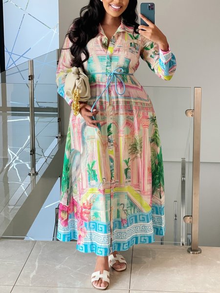 

Elegant Landscape Print Printing Shirt Collar Maxi Dress With Belt, Blue, Maxi Dresses