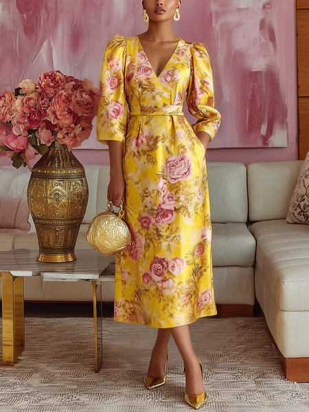 

Elegant Floral Printing V Neck Midi Dress, Yellow, Cocktail Dresses