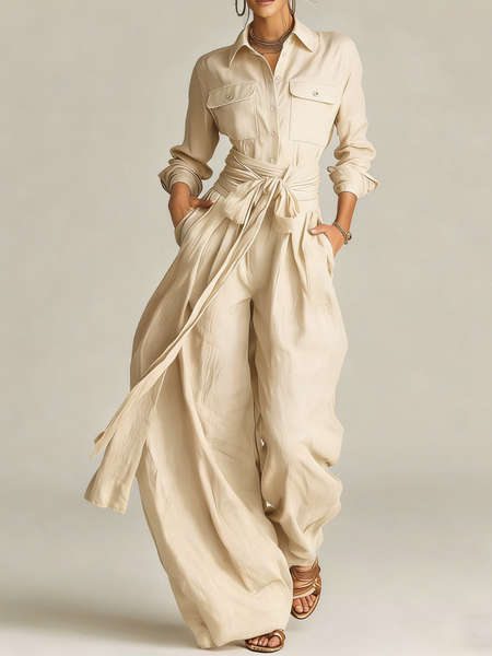 

Casual Plain Shirt Cotton And Linen Jumpsuit With Belt, Apricot, Jumpsuits