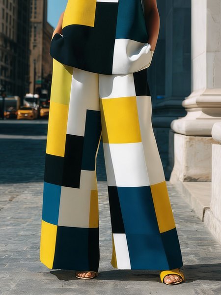 

Casual Colorblock Printing Wide Leg Pants, As picture, Pants
