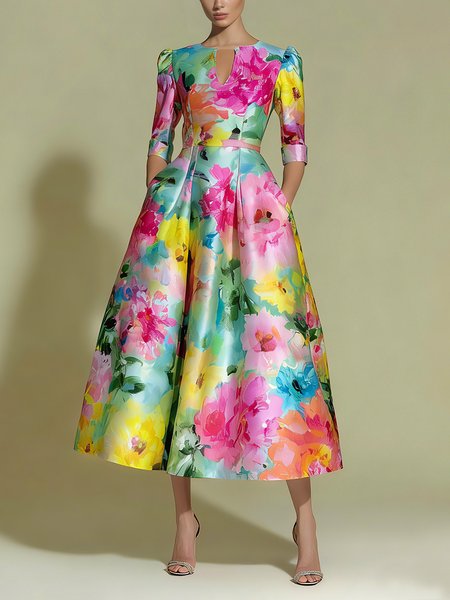 

Elegant Floral Puff Sleeve Printing Notched Party Midi Dress, As picture, Cocktail Dresses