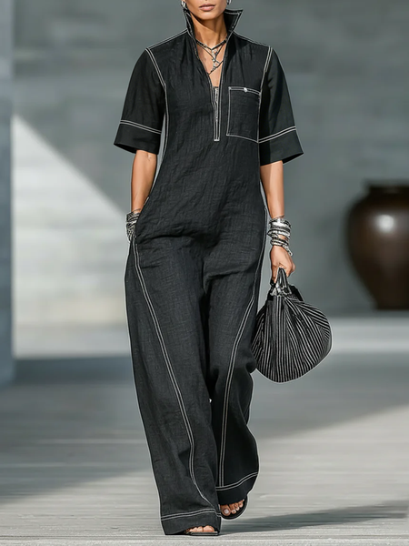 Casual Color Block Shirt Cotton And Linen Jumpsuit