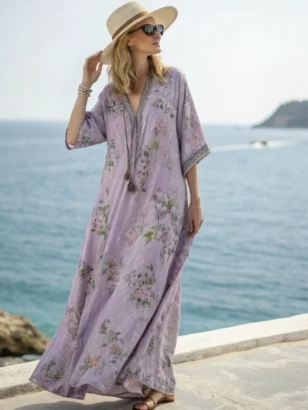 

Women Geometric Summer Dress V Neck Half Sleeve T-Shirt Dress A-Line Dress, Purple, Dresses