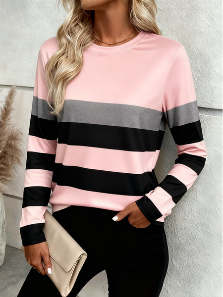 

Casual Striped Crew Neck Long Sleeve T-shirt, Pink, T-shirts