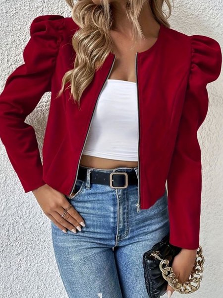 

Plain Puff Sleeve Crew Neck Simple Zipper Jacket, Red, Outerwear