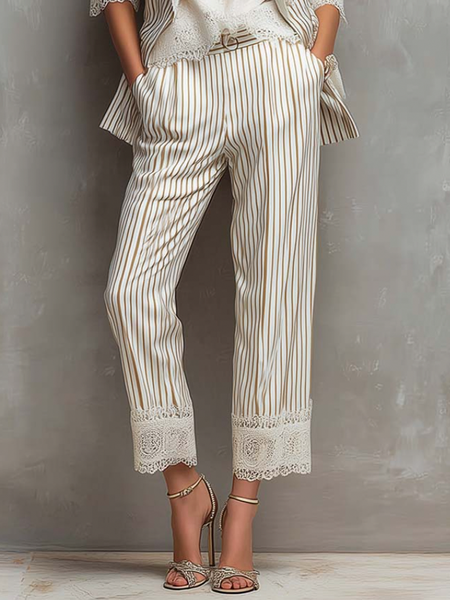 

Casual Striped Straight Cotton And Linen Pants With Belt, Stripe, Pants