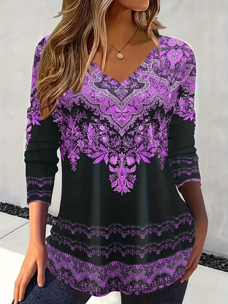 

Women Ethnic Long Sleeve Tee T-shirt V Neck Printing Casual Graphic Tee Spring/Fall Top, Purple, T-Shirts
