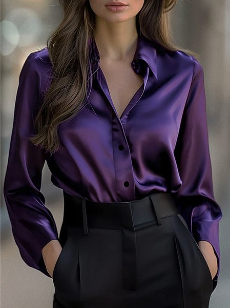 

Shirt Collar Long Sleeve Plain Regular Regular Fit Shirt For Women, Purple, Shirts