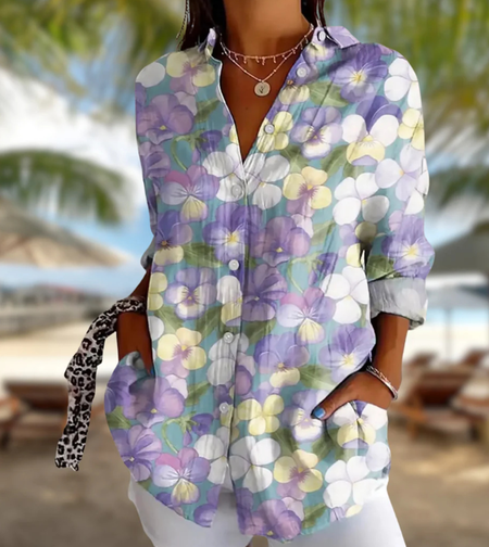 

Shirt Collar Long Sleeve Floral Regular Micro-Elasticity Regular Fit Shirt For Women, Color18, Shirts