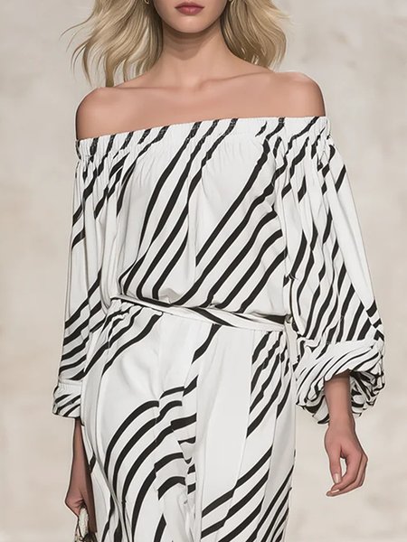 

Urban Striped Printing Off The Shoulder Blouse, White, Blouses and Shirts