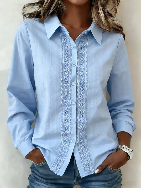 

Shawl Collar Plain Cotton Casual Shirt, Blue, Blouses & Shirts