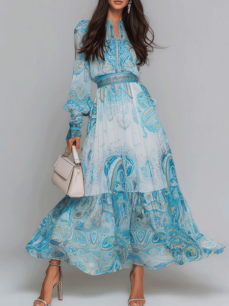 

Urban Ethnic Printing Notched Maxi Dress, As picture, Maxi Dresses