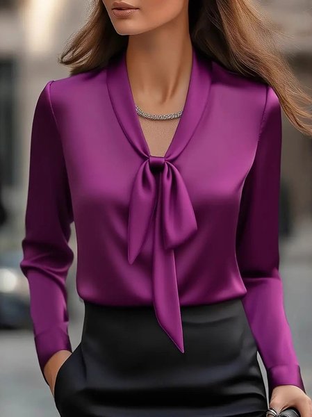 

V Neck Long Sleeve Plain Regular Regular Fit Shirt For Women, Purple, Shirts