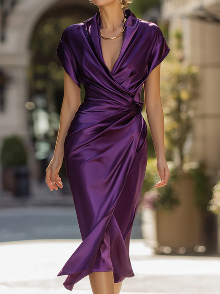 

Elegant Plain V Neck Knee Length Dress, Purple, Midi Dresses