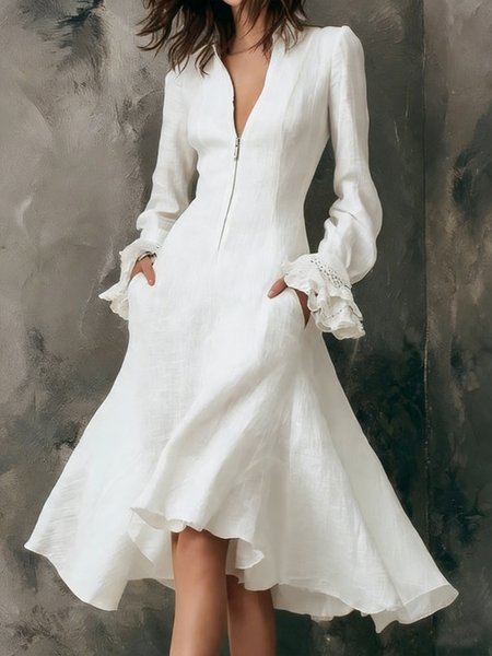 

Vacation Cotton And Linen Plain Ruffle Sleeve Zipper Midi Dress, White, Midi Dresses