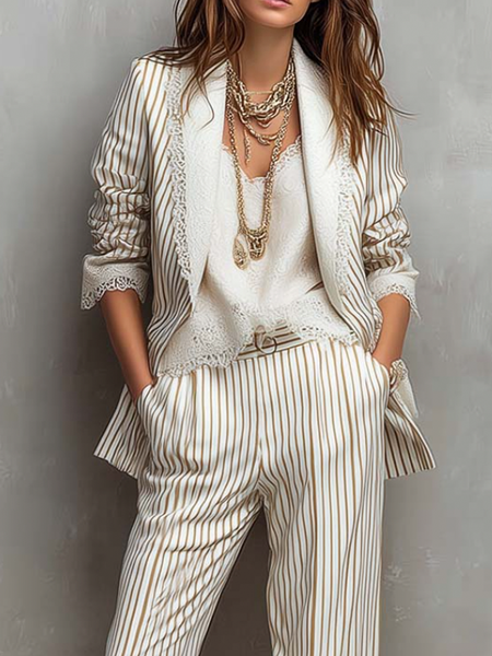 

Casual Striped Lapel Collar Cotton And Linen Blazer, Stripe, Blazers