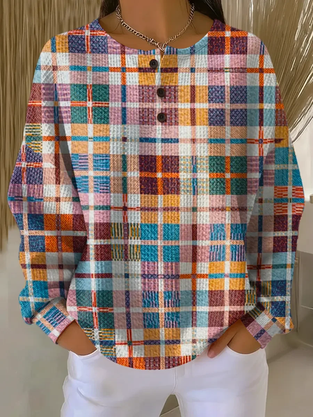 

Casual Crew Neck Plaid Sweatshirt Printing, As picture, Hoodies & Sweatshirts