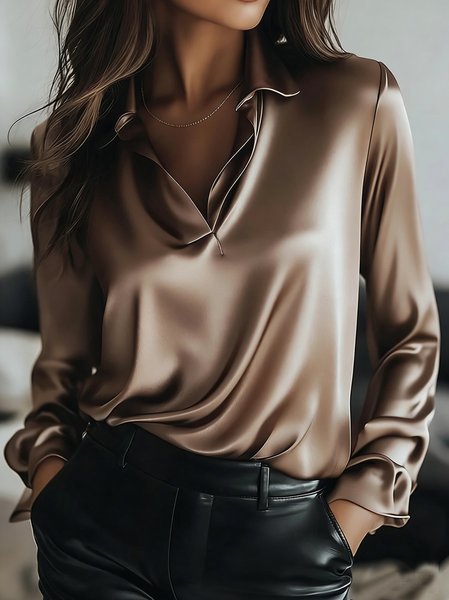 

V Neck Long Sleeve Plain Regular Regular Fit Shirt For Women, Deep brown, Shirts