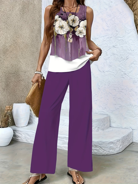 Women Floral Printing Two-Piece Set Daily Sleeveless Casual Summer Top With Pants Matching Set