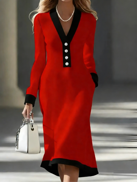 

Women Plain Spring/Fall Dress V Neck Long Sleeve Hip Skirt A-Line Dress, Red, Dresses