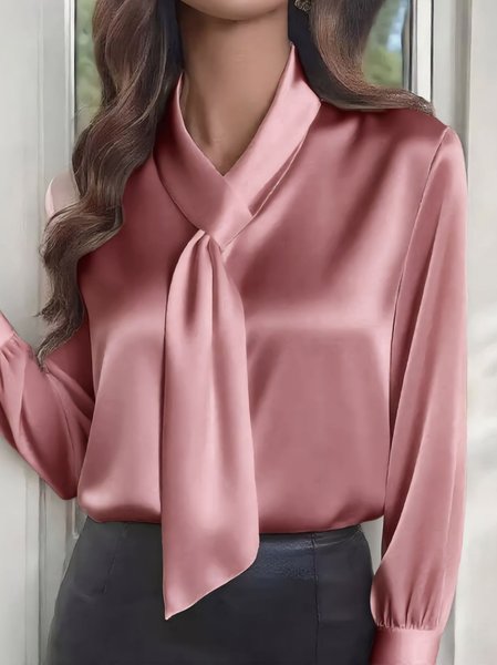 

V Neck Long Sleeve Plain Regular Micro-Elasticity Regular Fit Shirt For Women, Pink, Shirts