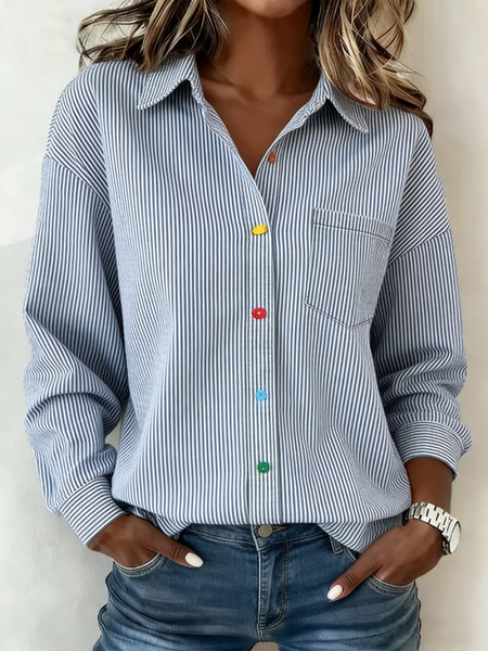 

Shawl Collar Long Sleeve Striped Regular Loose Shirt For Women, Blue, Shirts