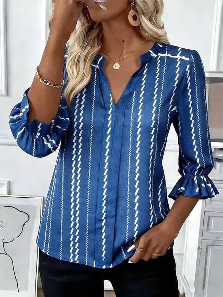 

V Neck Half Sleeve Striped Regular Regular Fit Shirt For Women, Blue, Shirts