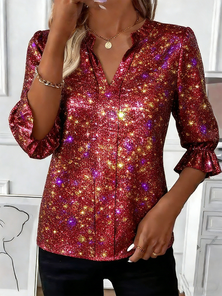 

V Neck Half Sleeve 3D Printing Regular Regular Fit Shirt For Women, Red, Shirts