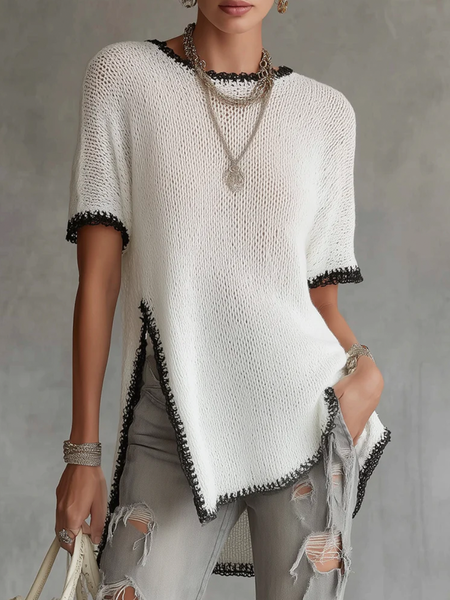 

Casual Color Block Side-Slit Crew Neck Sweater, Black-white, Pullovers