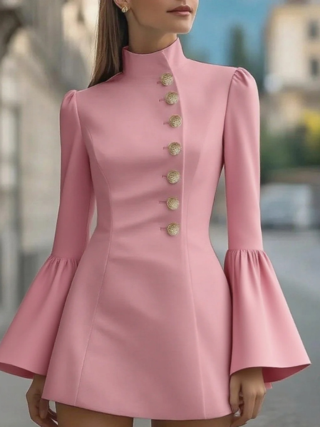 

Women Plain Spring/Fall Dress Stand Collar Three Quarter Sleeve Fit & Flare Dress A-Line Dress, Pink, Dresses
