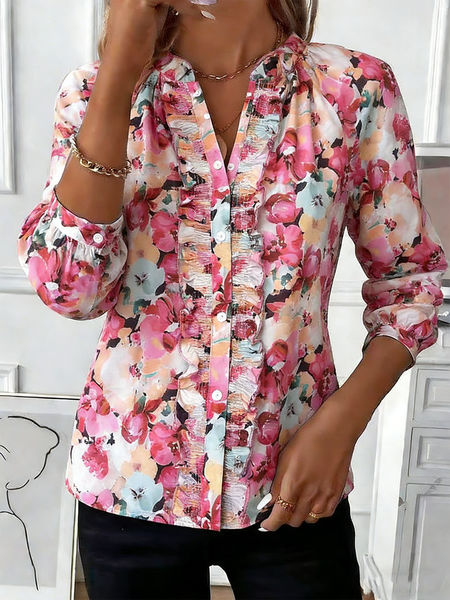 

Long Sleeve Floral Lightweight Loose Shirt For Women, Pink, Shirts