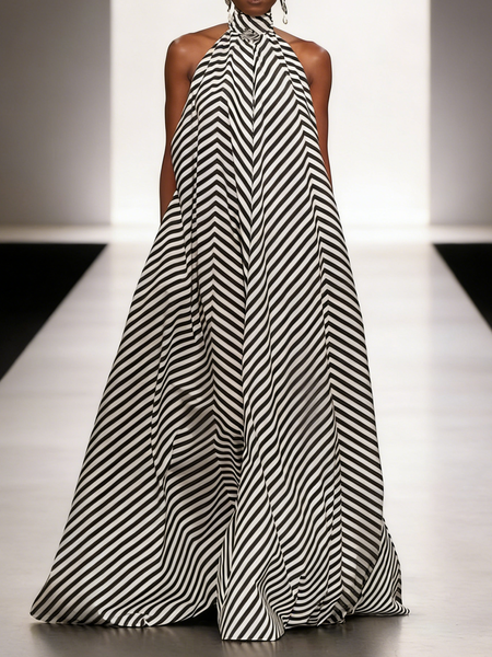 Elegant Striped Halter Maxi Dress